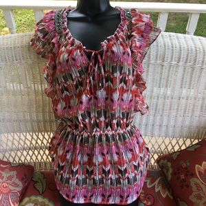 2b Bebe sheer ruffle ikat Top XS tie neck flutter sleeves